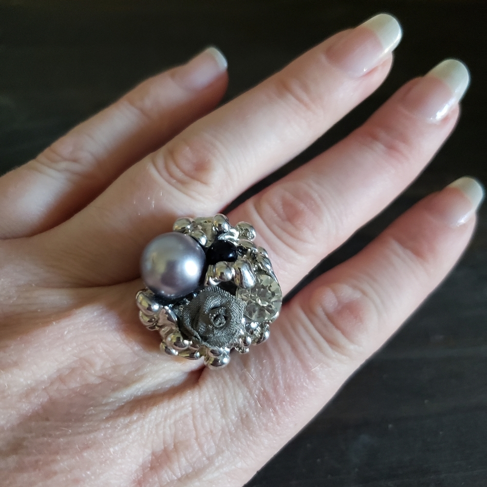 Grey Modern Beaded-Bobble Adjustable Ring